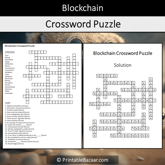 Blockchain Crossword Puzzle Worksheet Activity Printable PDF