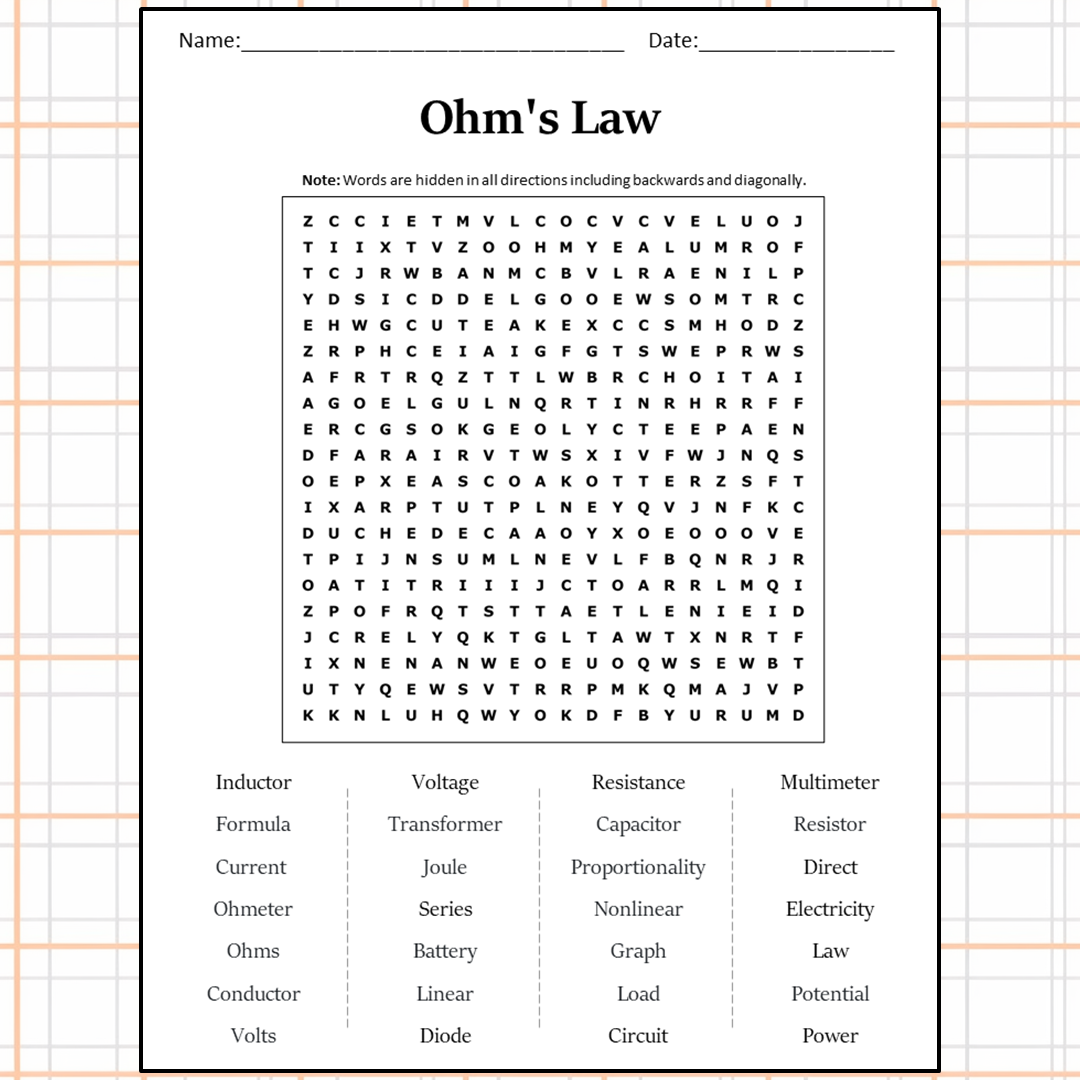 Ohm's Law Word Search Puzzle Worksheet Activity PDF
