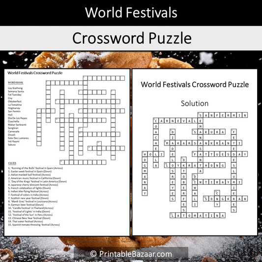 World Festivals Crossword Puzzle Worksheet Activity Printable PDF