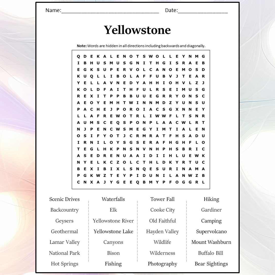 Yellowstone Word Search Puzzle Worksheet Activity PDF