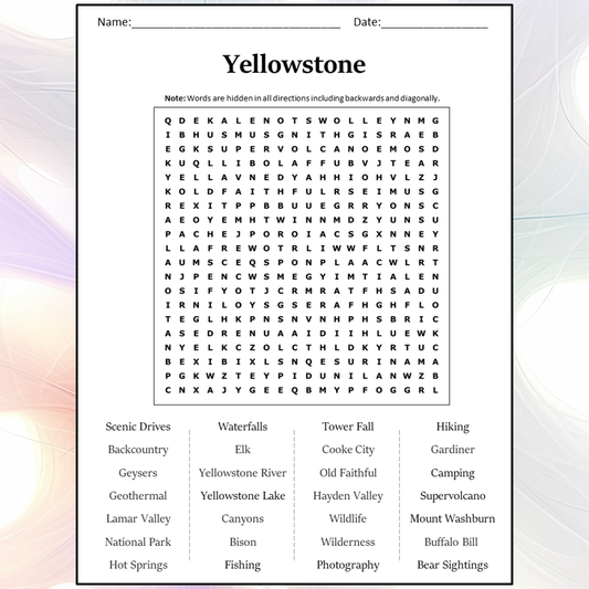 Yellowstone Word Search Puzzle Worksheet Activity PDF