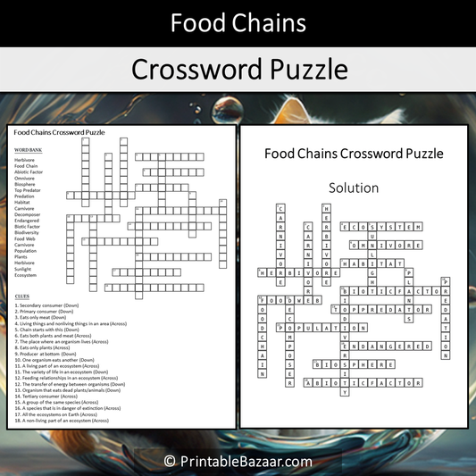 Food Chains Crossword Puzzle Worksheet Activity Printable PDF
