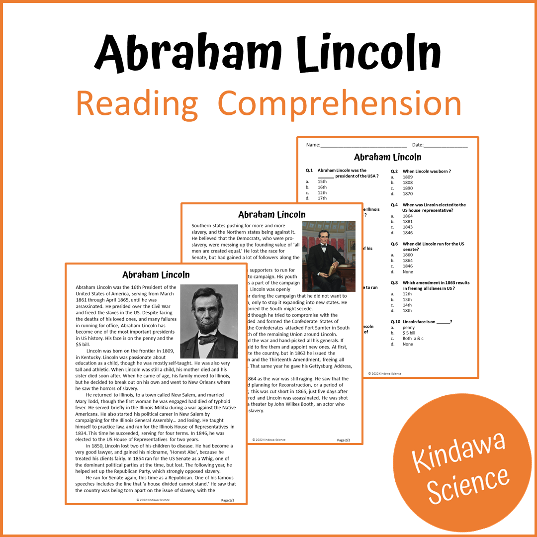 Abraham Lincoln Reading Comprehension Passage and Questions | Printable PDF