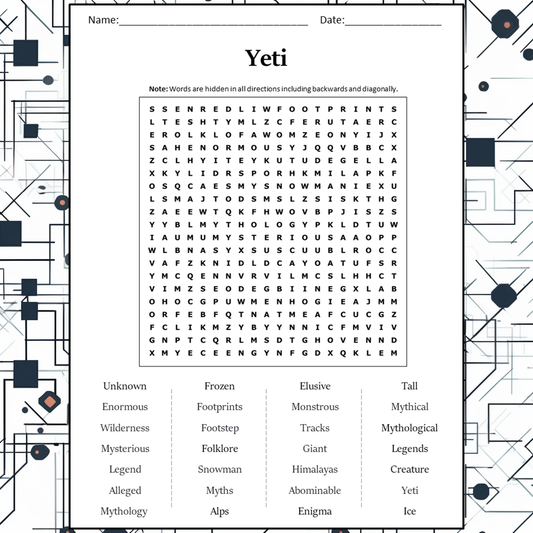 Yeti Word Search Puzzle Worksheet Activity PDF