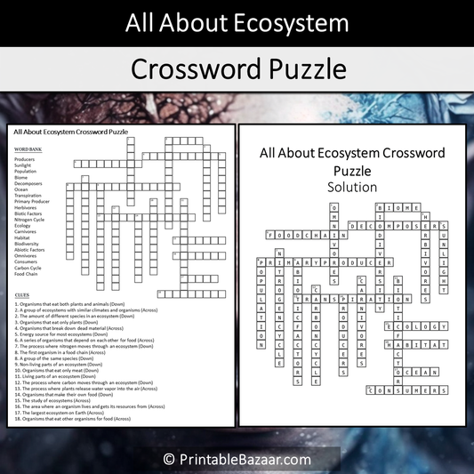 All About Ecosystem Crossword Puzzle Worksheet Activity Printable PDF