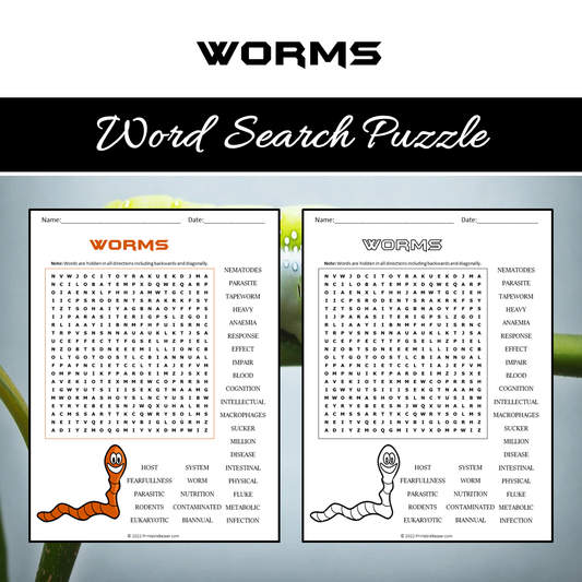 Worms Word Search Puzzle Worksheet PDF