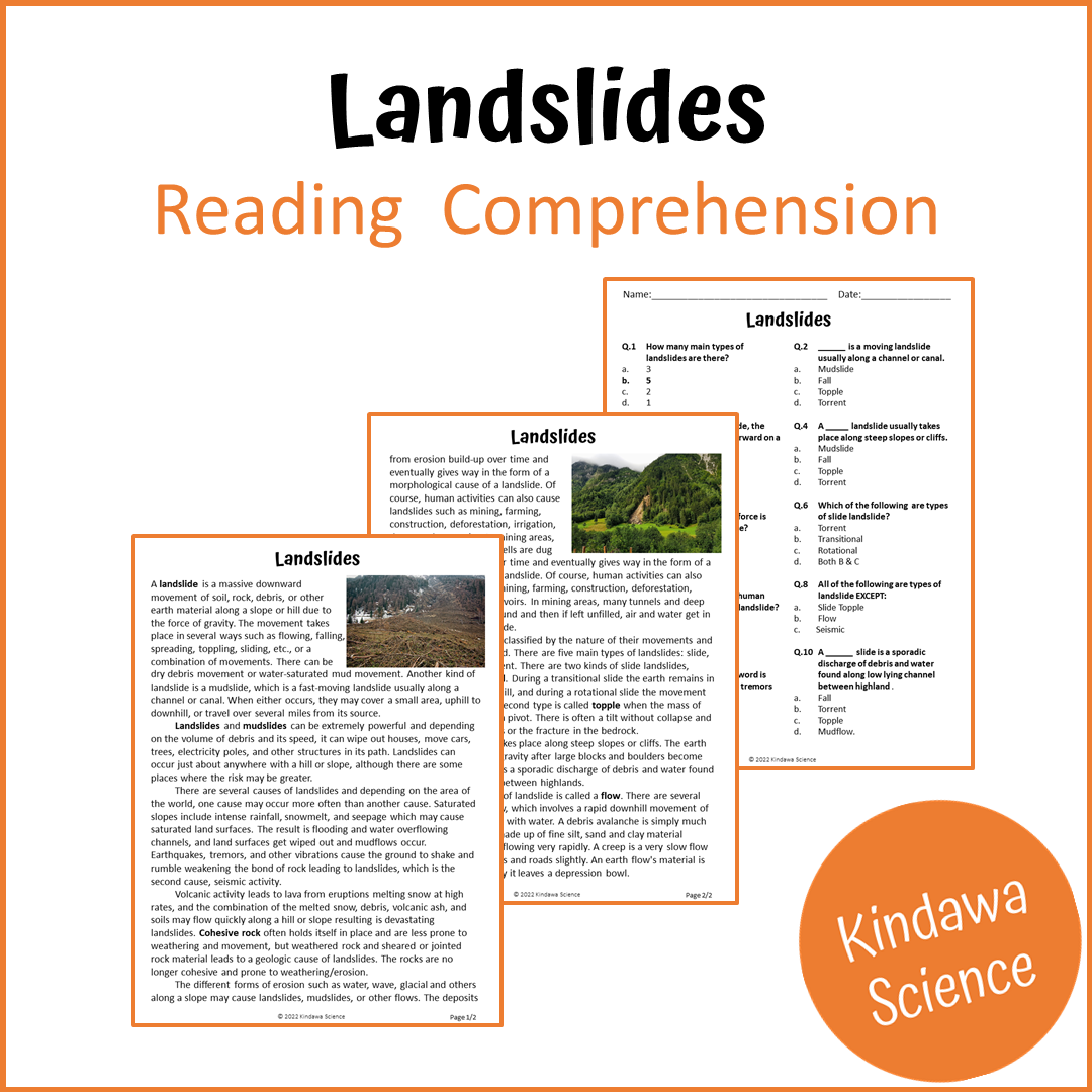 Landslides Reading Comprehension Passage and Questions | Printable PDF