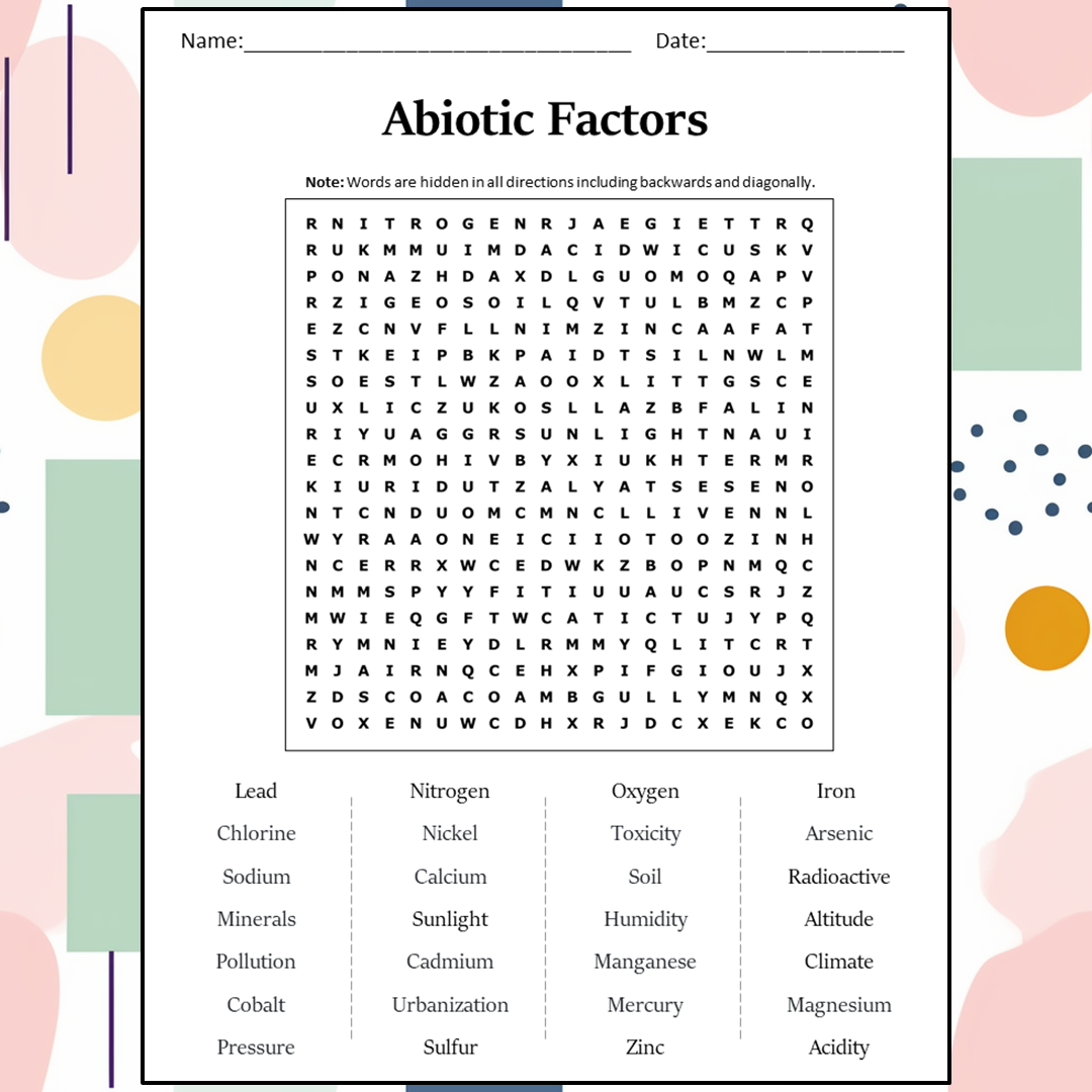 Abiotic Factors Word Search Puzzle Worksheet Activity PDF