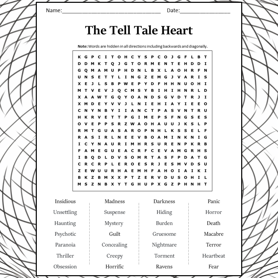 The Tell Tale Heart Word Search Puzzle Worksheet Activity PDF