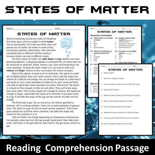 States of Matter Reading Comprehension Passage and Questions