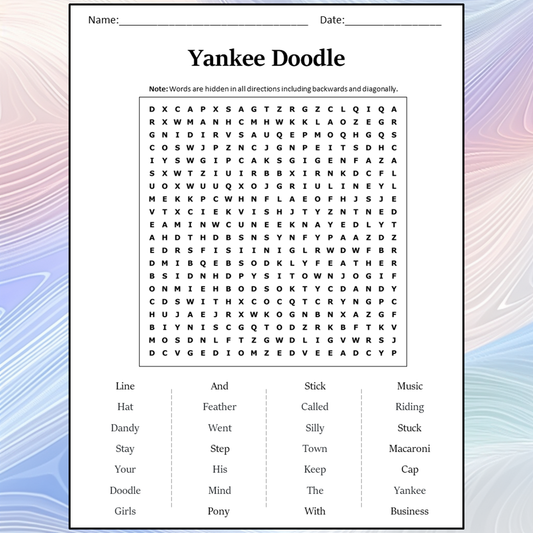 Yankee Doodle Word Search Puzzle Worksheet Activity PDF