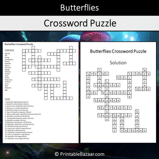 Butterflies Crossword Puzzle Worksheet Activity Printable PDF