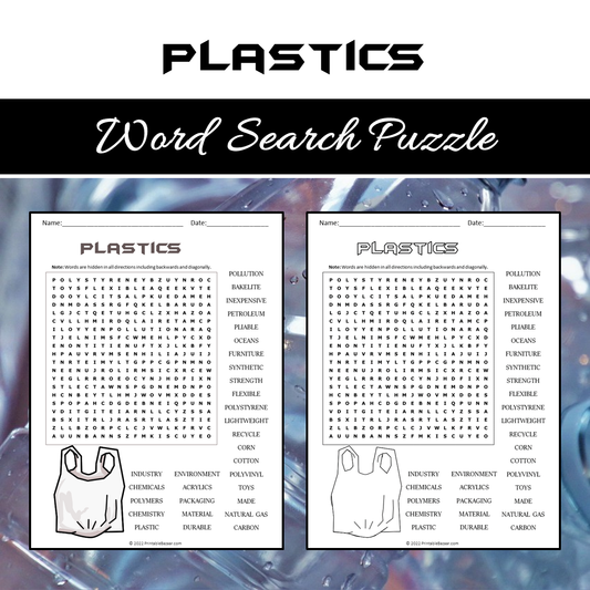Plastics Word Search Puzzle Worksheet PDF