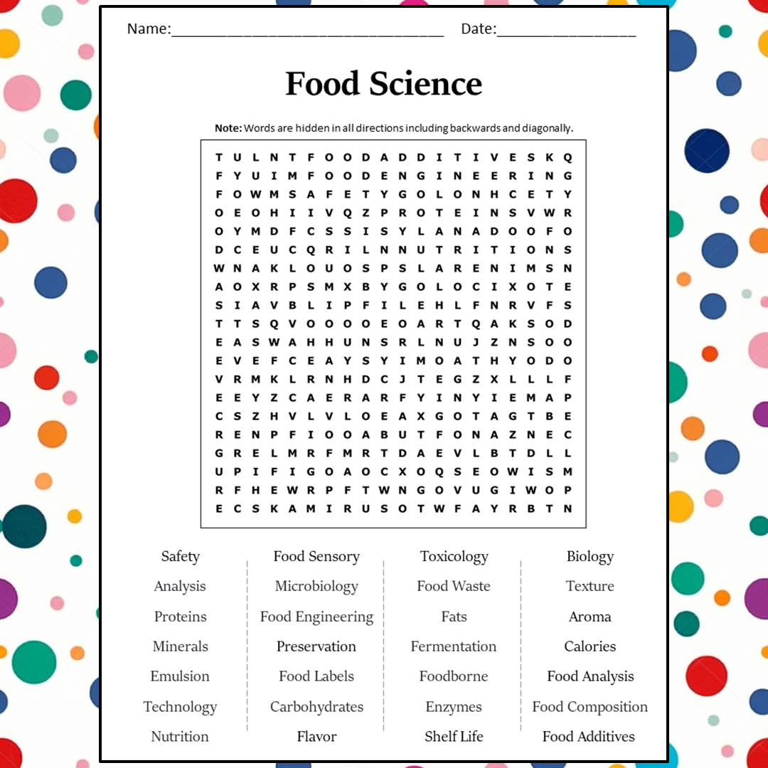 Food Science Word Search Puzzle Worksheet Activity PDF PrintableBazaar