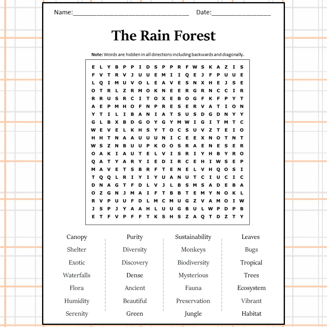 The Rain Forest Word Search Puzzle Worksheet Activity PDF
