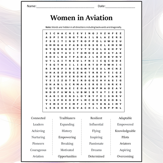 Women In Aviation Word Search Puzzle Worksheet Activity PDF