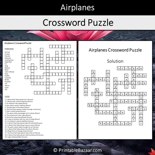 Airplanes Crossword Puzzle Worksheet Activity Printable PDF