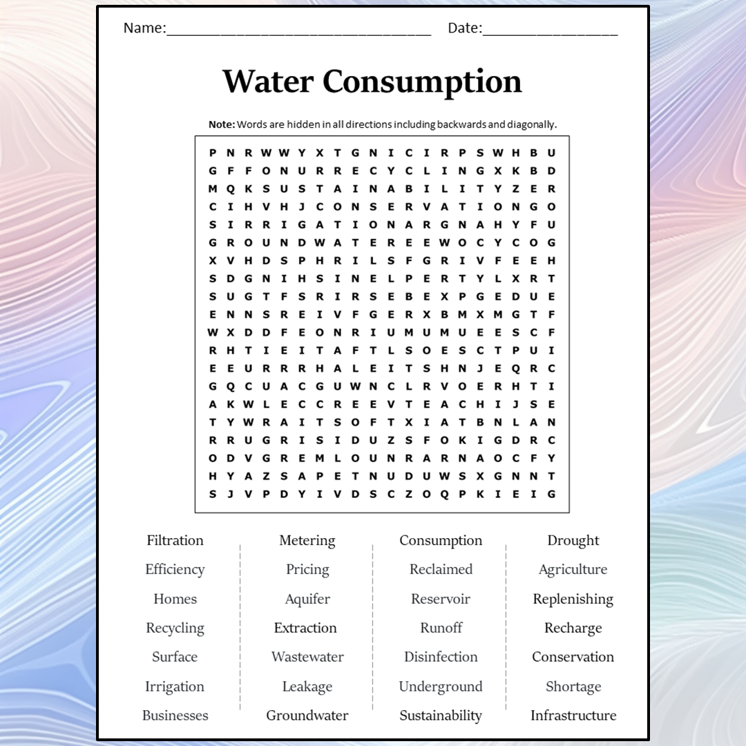 Water Consumption Word Search Puzzle Worksheet Activity PDF