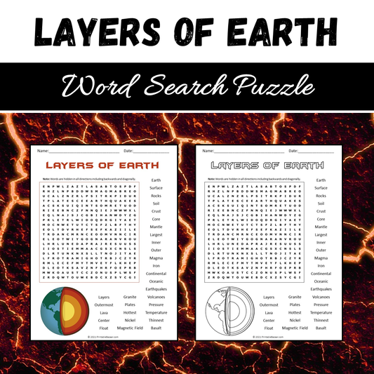 Layers Of Earth Word Search Puzzle Worksheet PDF