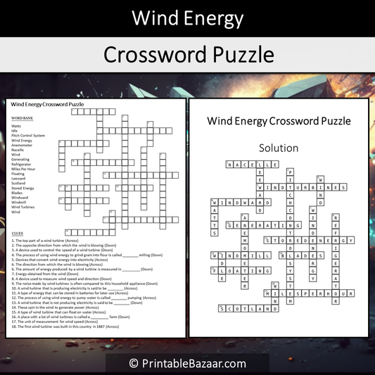 Wind Energy Crossword Puzzle Worksheet Activity Printable PDF