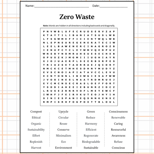 Zero Waste Word Search Puzzle Worksheet Activity PDF