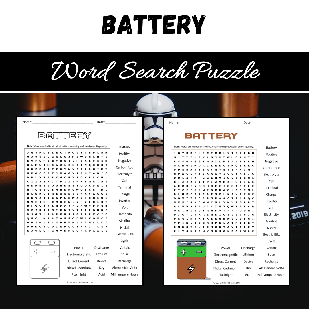 Battery Word Search Puzzle Worksheet PDF PrintableBazaar