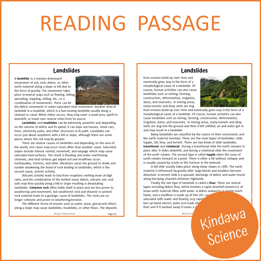 Landslides Reading Comprehension Passage and Questions | Printable PDF