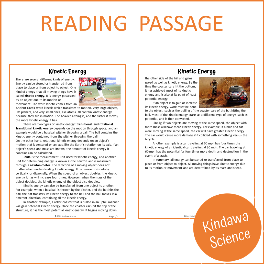 Kinetic Energy Reading Comprehension Passage and Questions | Printable PDF