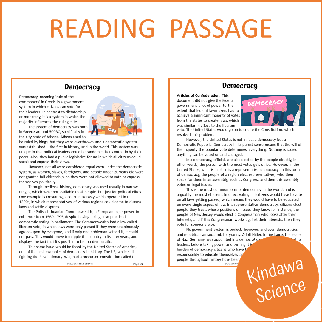 Democracy Reading Comprehension Passage and Questions | Printable PDF