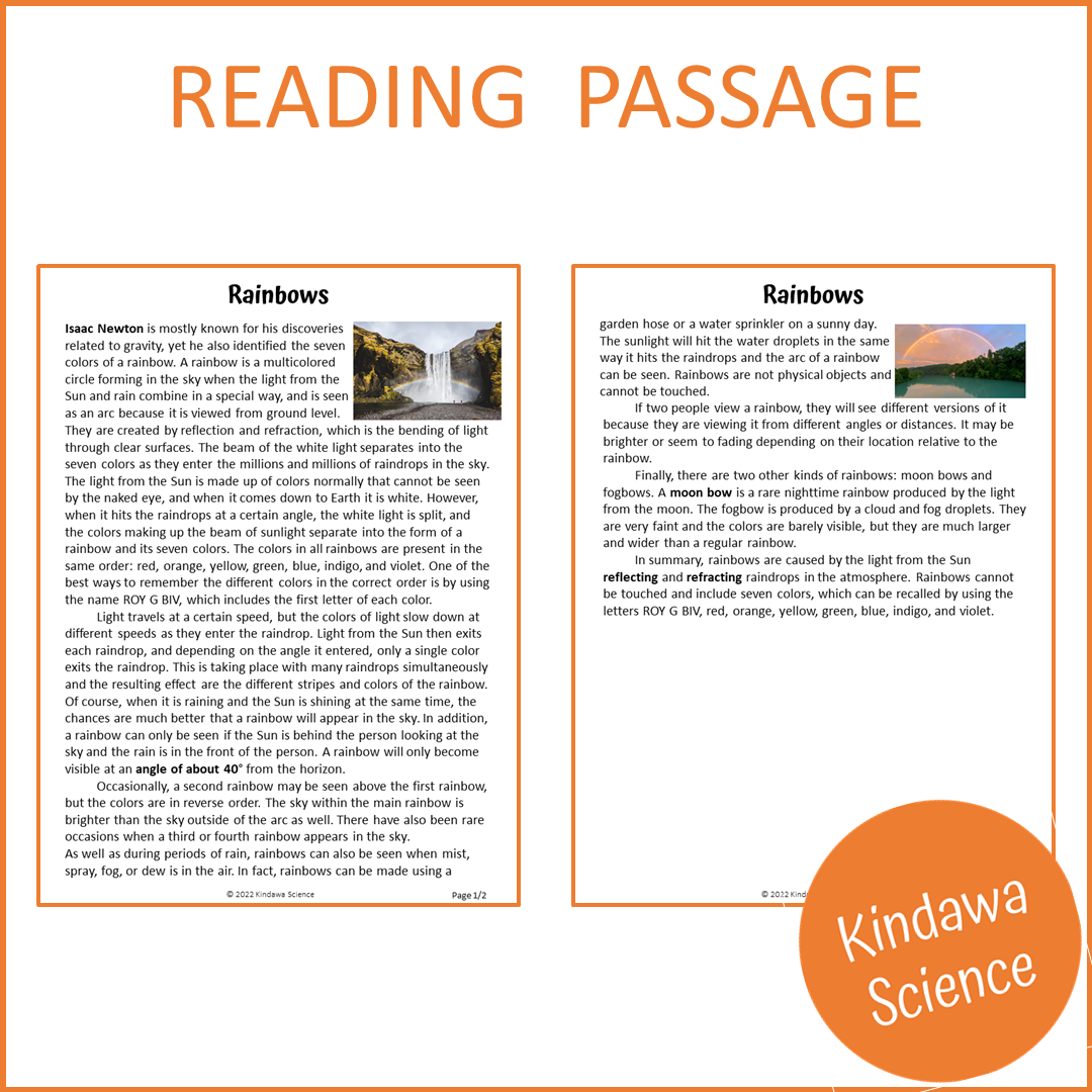 Rainbows Reading Comprehension Passage and Questions | Printable PDF