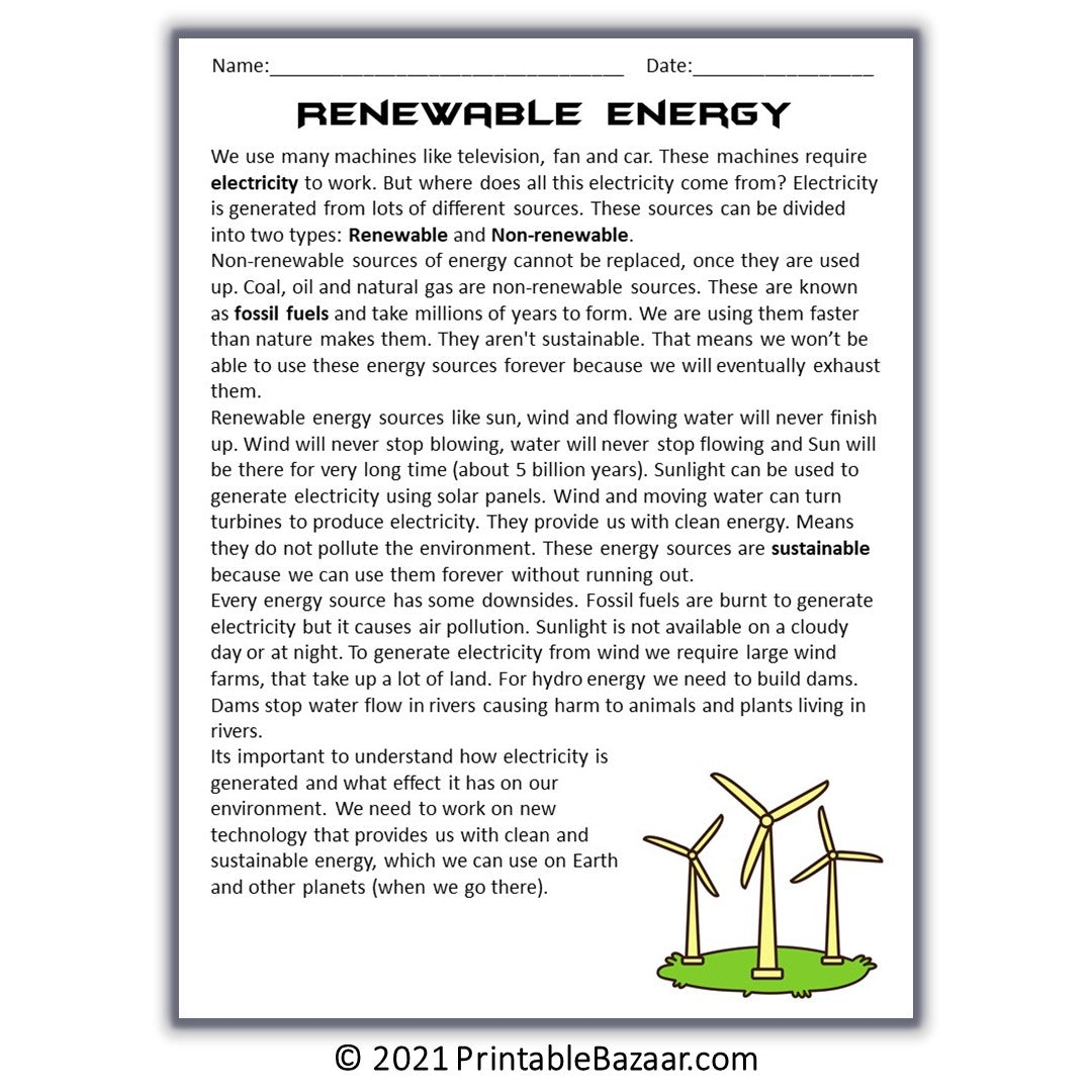 Renewable Energy Reading Comprehension Passage and Questions