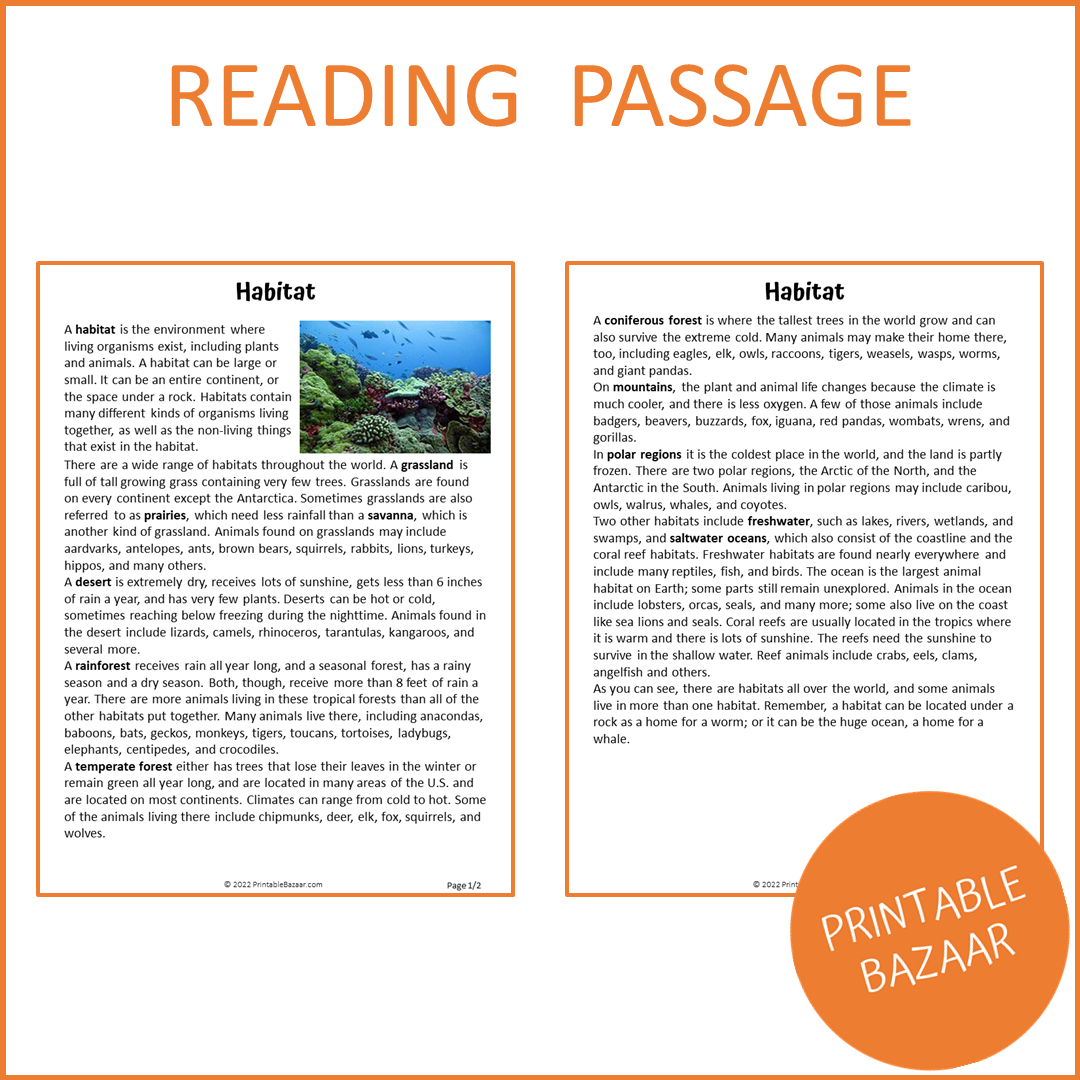 Habitat Reading Comprehension Passage and Questions | Printable PDF