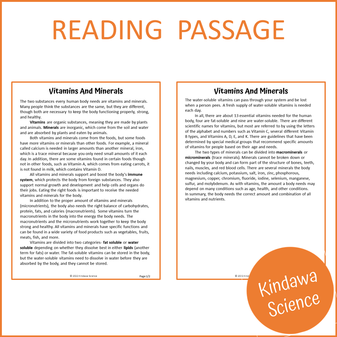 Vitamins And Minerals Reading Comprehension Passage and Questions | Printable PDF