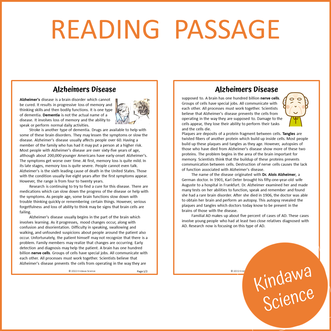 Alzheimers Disease Reading Comprehension Passage and Questions | Printable PDF