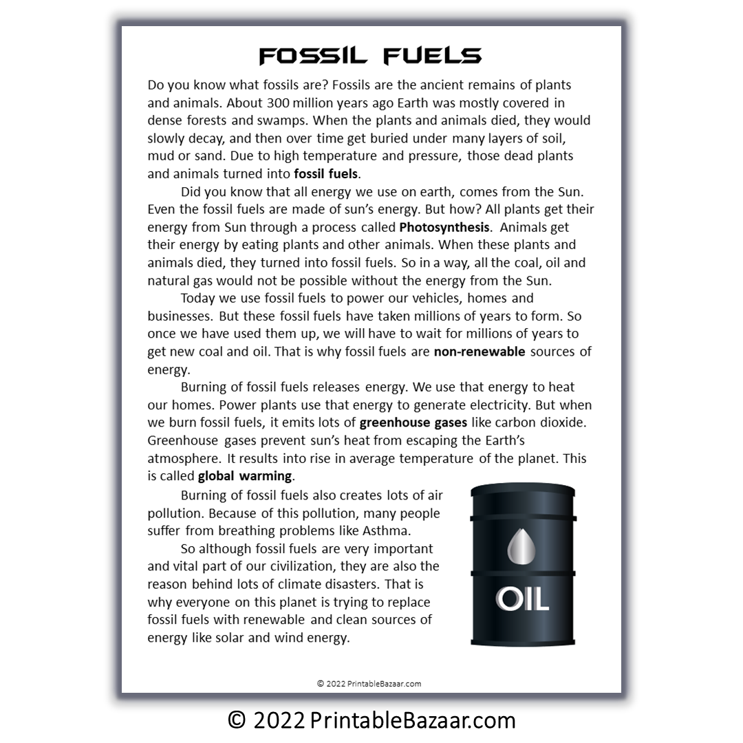 Fossil Fuels Reading Comprehension Passage and Questions | Printable PDF