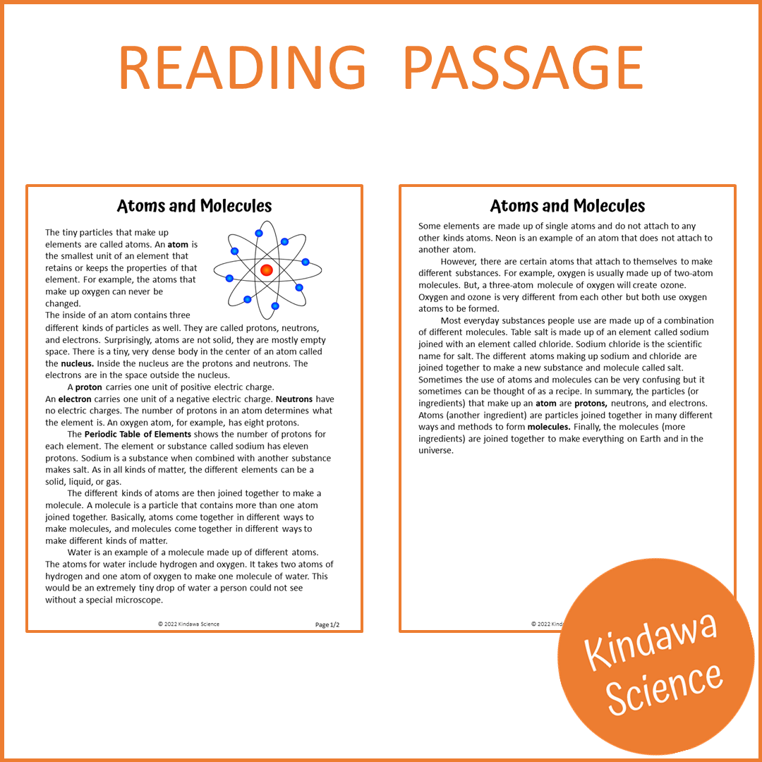 Atoms And Molecules Reading Comprehension Passage and Questions | Printable PDF