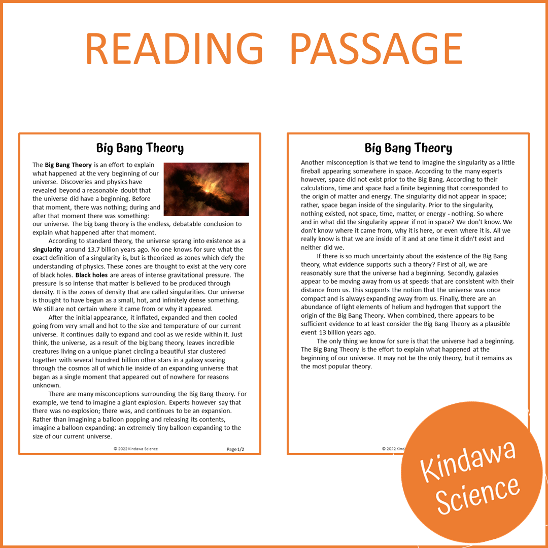 Big Bang Theory Reading Comprehension Passage and Questions | Printable PDF