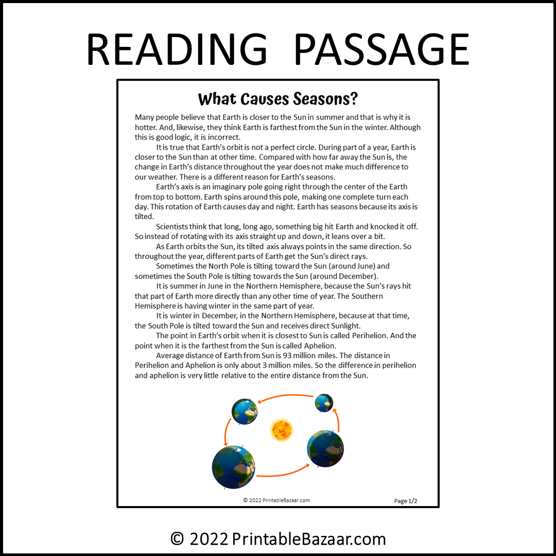 What Causes Seasons Reading Comprehension Passage and Questions | Printable PDF