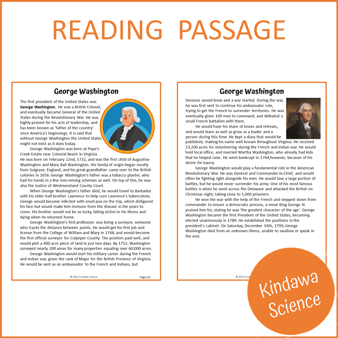 George Washington Reading Comprehension Passage and Questions | Printable PDF