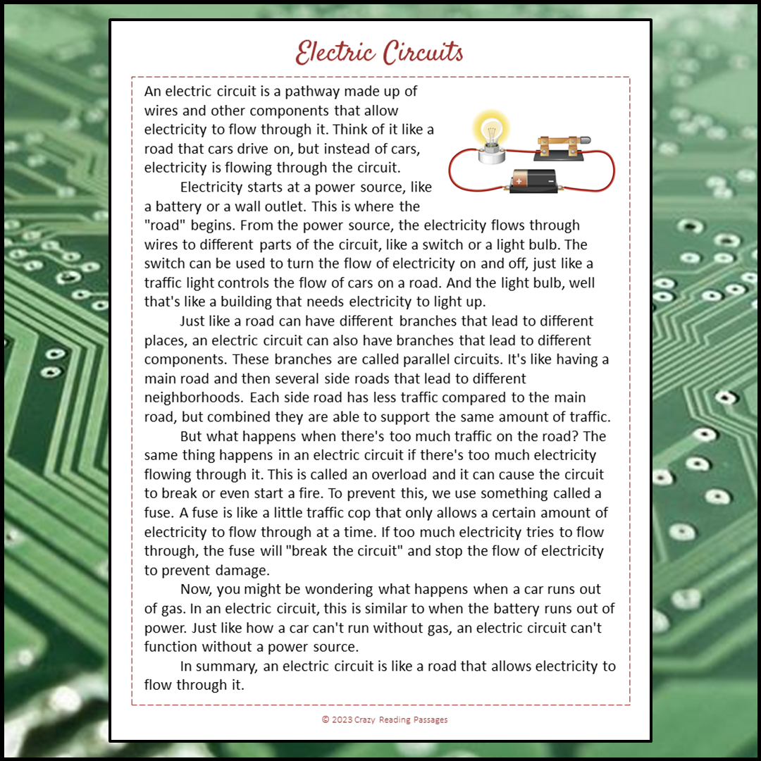 Electric Circuits Reading Comprehension Passage and Questions | Printable PDF