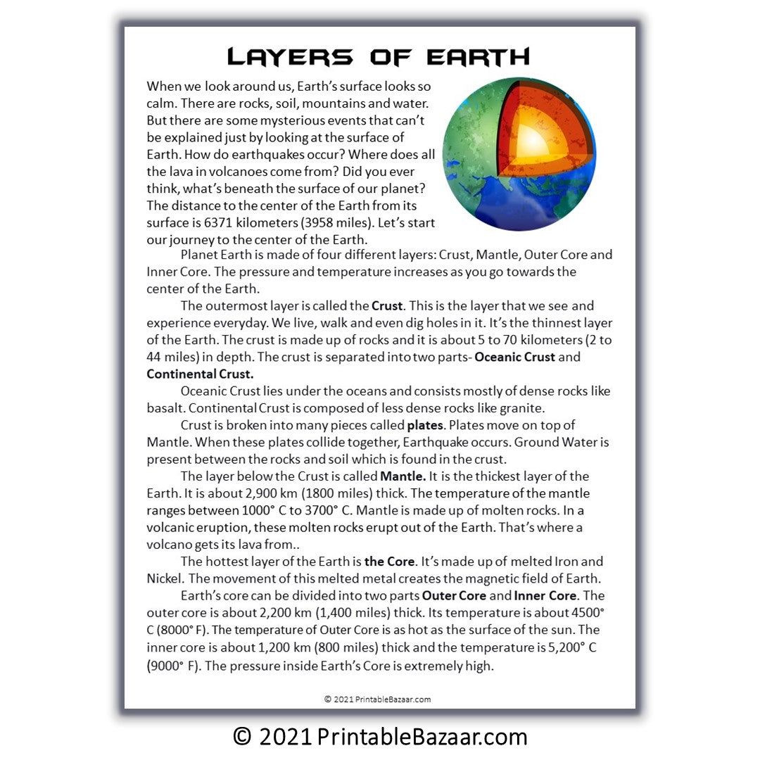 Layers Of Earth Reading Comprehension Passage and Questions | Printable PDF