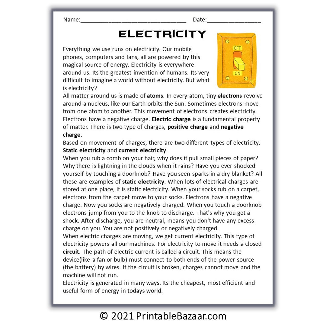 Electricity Reading Comprehension Passage and Questions