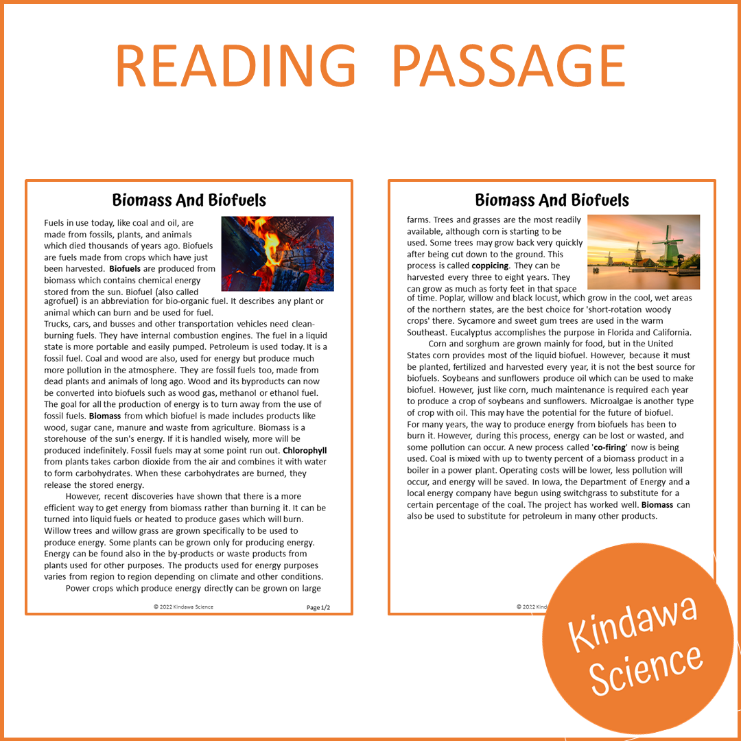 Biomass And Biofuels Reading Comprehension Passage and Questions | Printable PDF