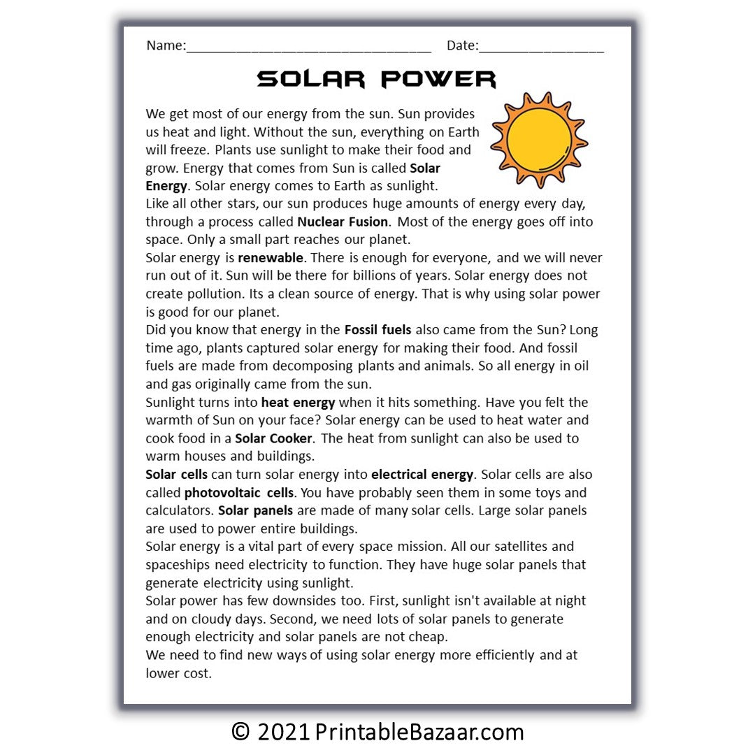 Solar Power Reading Comprehension Passage and Questions