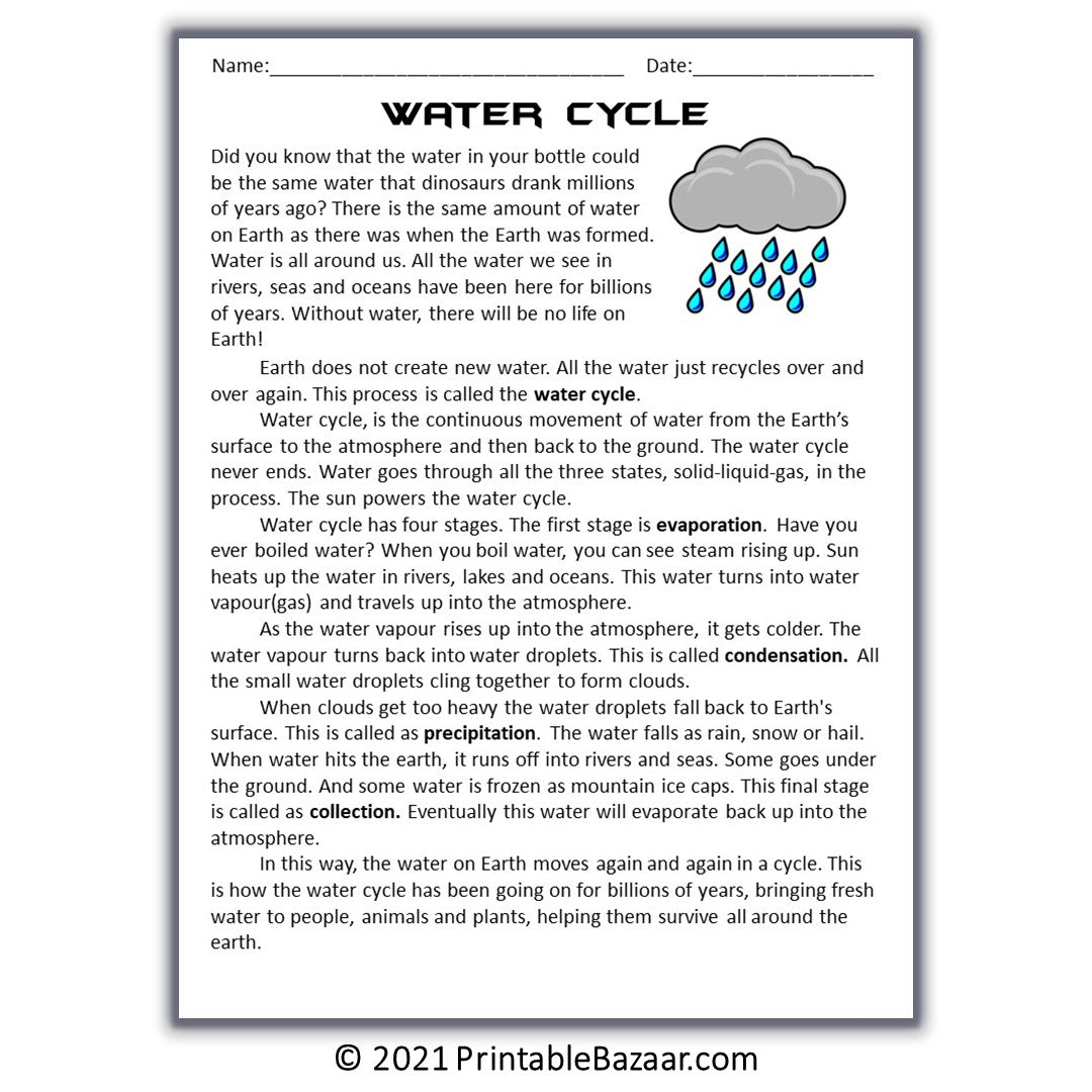 Water Cycle Reading Comprehension Passage and Questions