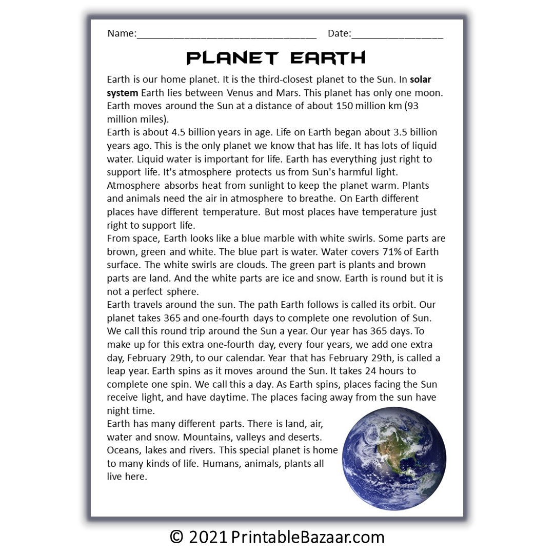 Earth Reading Comprehension Passage and Questions