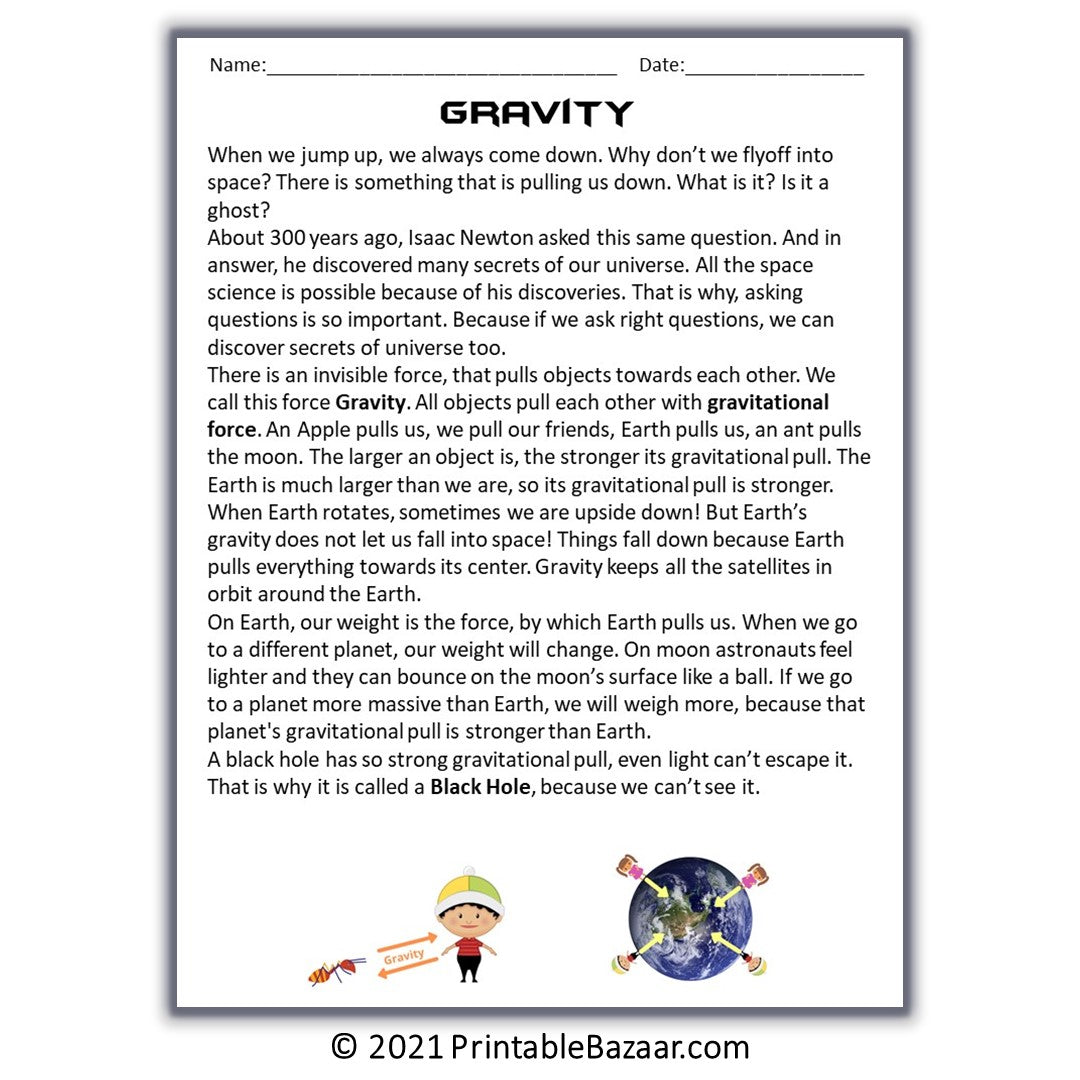 Gravity Reading Comprehension Passage and Questions