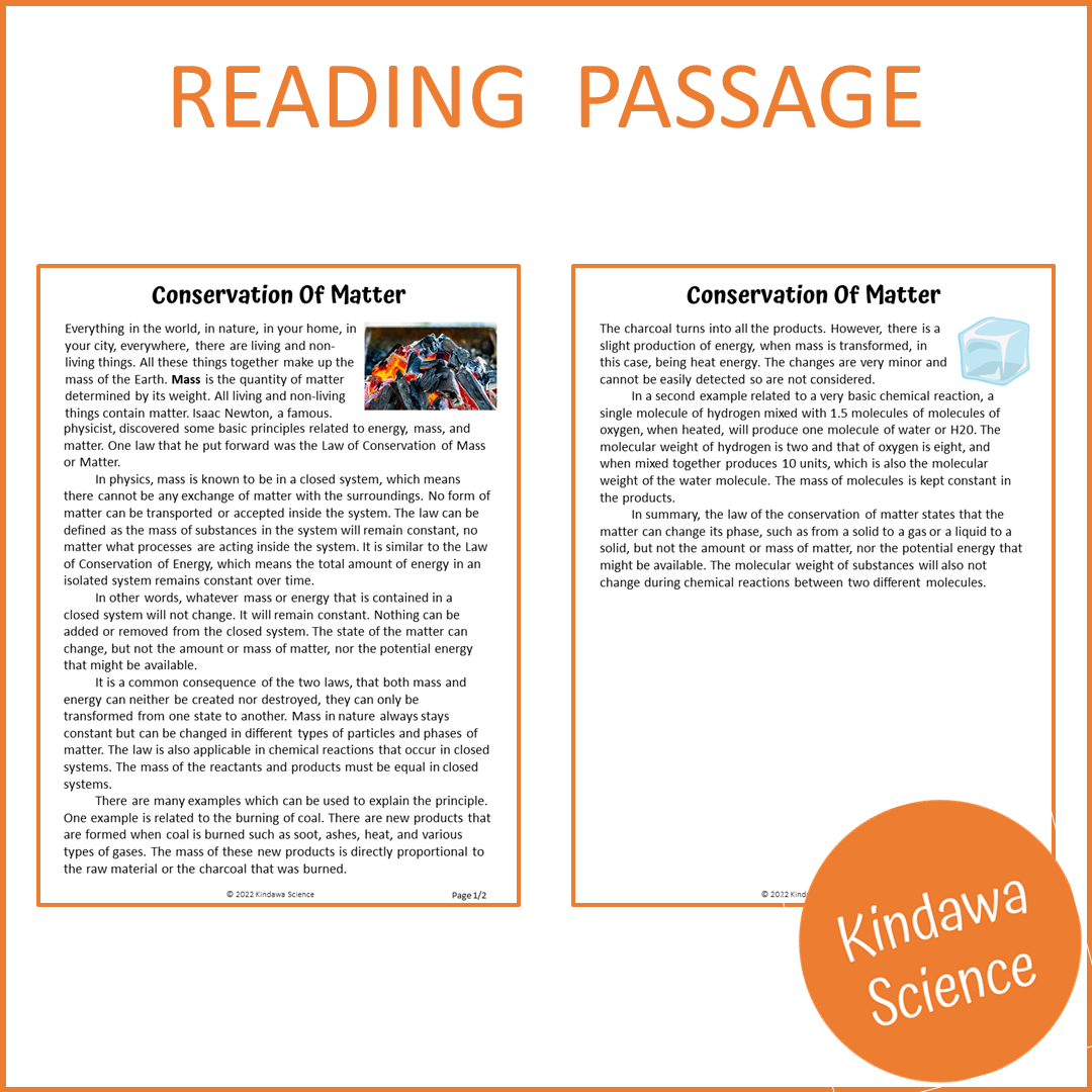 Conservation Of Matter Reading Comprehension Passage and Questions | Printable PDF