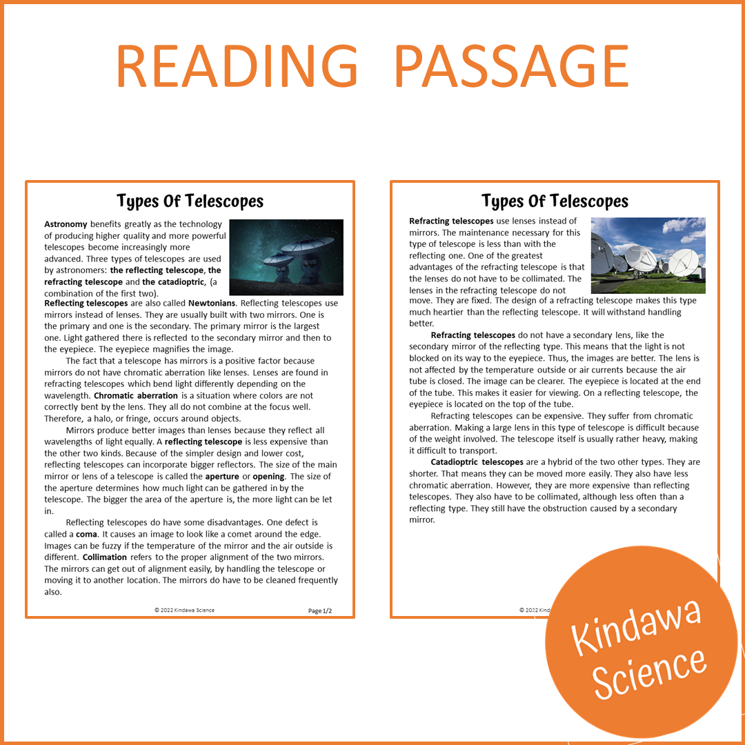 Types Of Telescopes Reading Comprehension Passage and Questions | Printable PDF