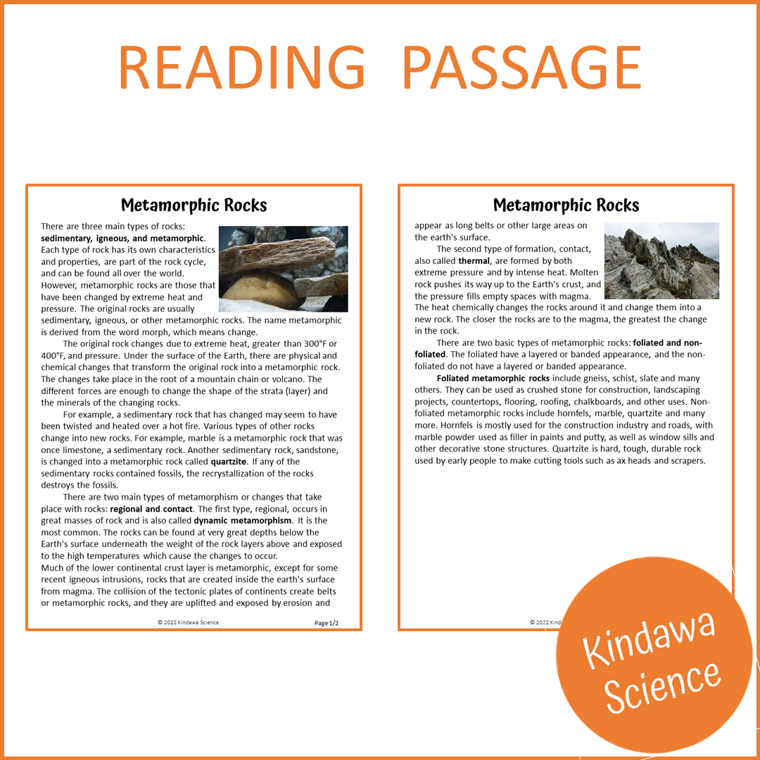 Metamorphic Rocks Reading Comprehension Passage and Questions | Printable PDF